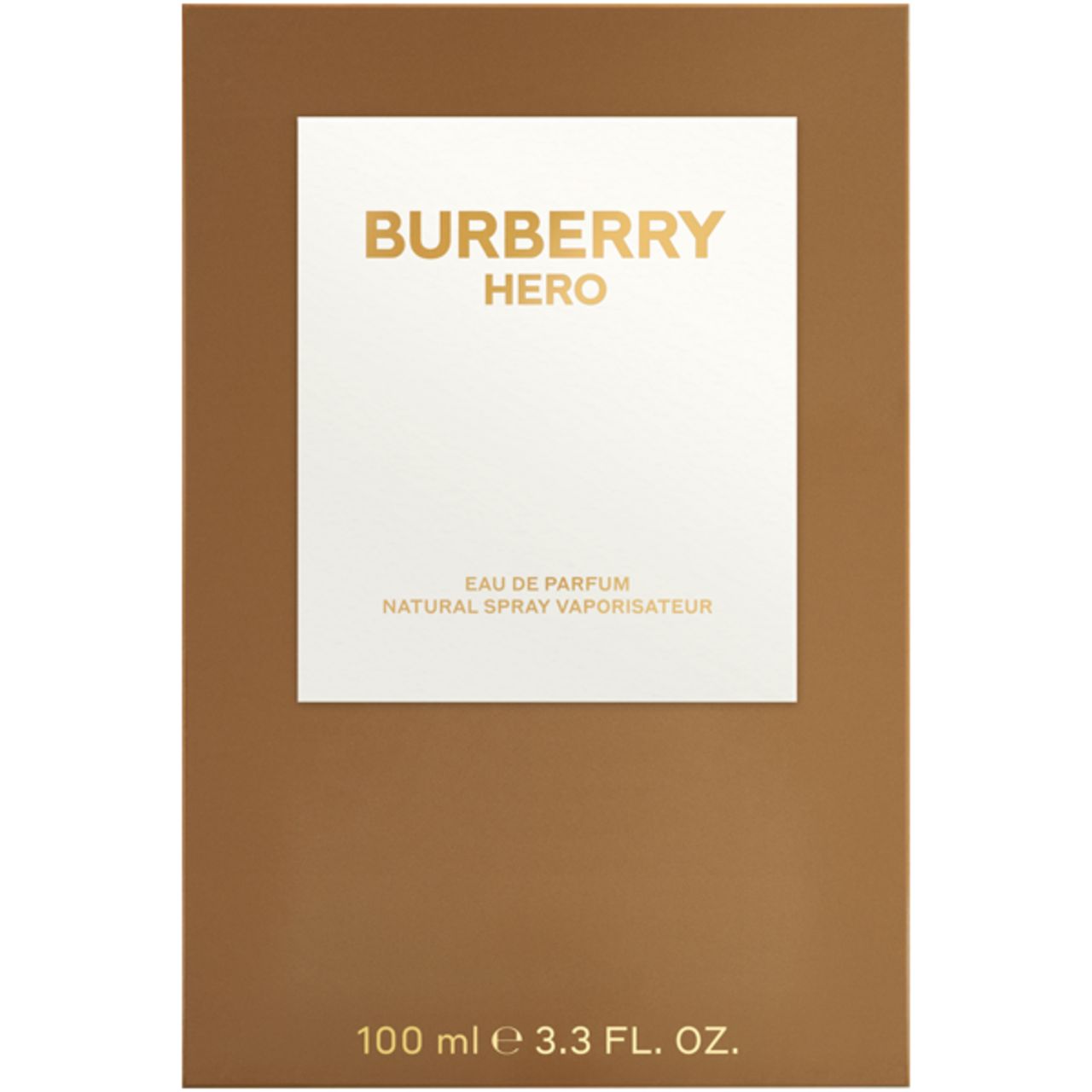 Confezione Burberry Hero E.d.P. Nat. Spray. Scatola marrone con riquadro bianco e scritta dorata.