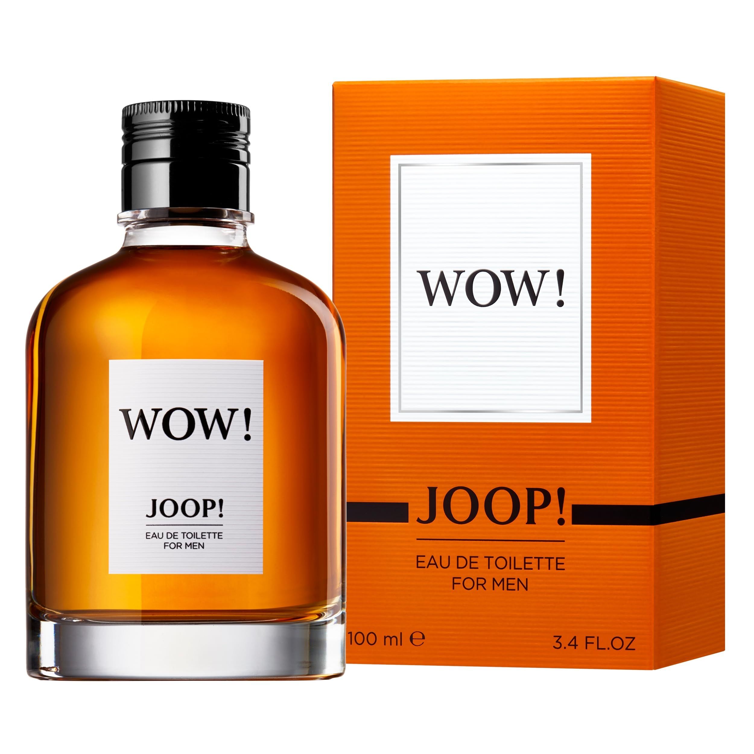 Flacone e confezione. Flacone con liquido ambrato. Confezione arancione con etichetta bianca "WOW!". "JOOP!" e "EAU DE TOILETTE FOR MEN".