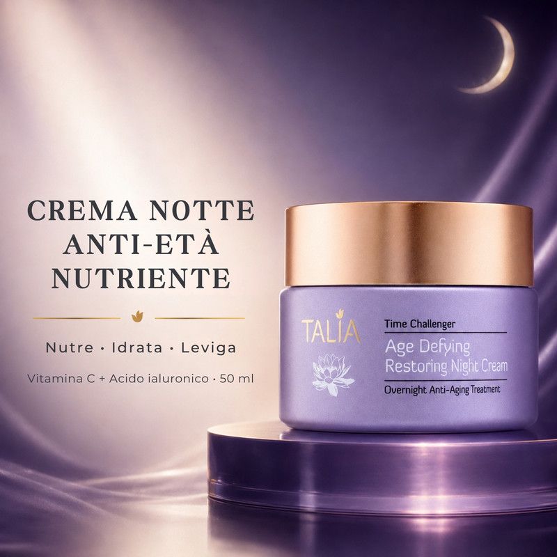 Crema notte restauratrice Age Defying di Talia in vaso viola con tappo dorato. Crema notte anti-età con Vitamina C e Acido Ialuronico.