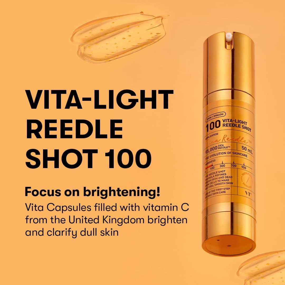 Flacone dorato del VT Cosmetics Vita-Light Reedle Shot 100, focus sull'illuminazione.