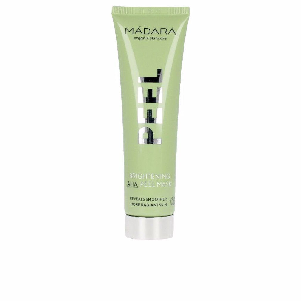 Tubo verde con testo. Marchio: MÁDARA. Testo: PEEL, Brightening AHA Peel Mask. Tappo argentato.