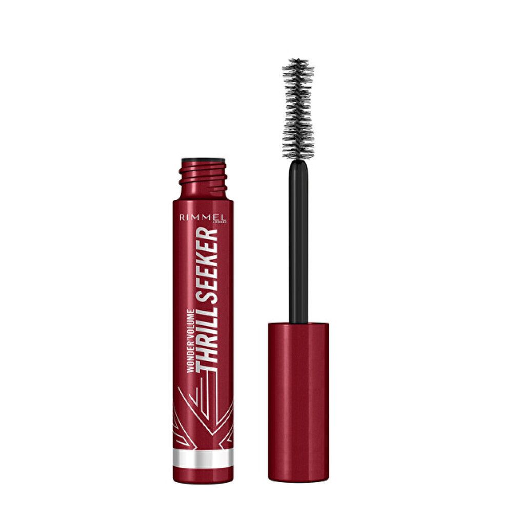 Mascara Rimmel London. Astuccio rosso. Scritta: Wonder Volume Thrill Seeker Extreme Black. Spazzola visibile.