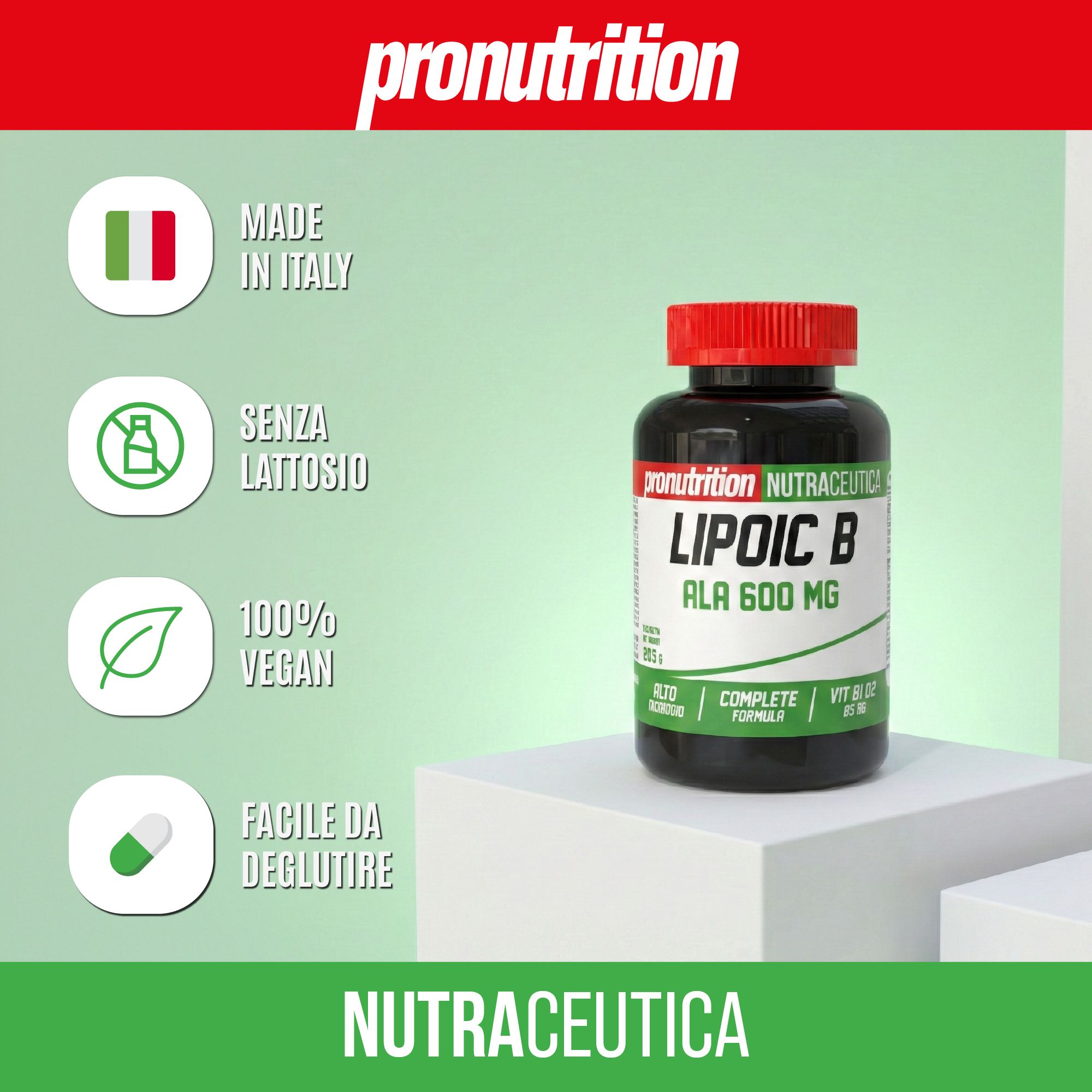 Flacone marrone con tappo rosso. Scritta: LIPOIC B ALA 600 MG. Testo: Made in Italy, senza lattosio, vegano, facile da deglutire.