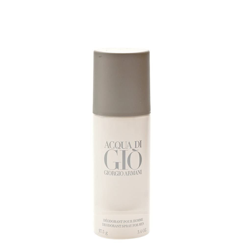 Spray deodorante bianco con tappo grigio. Scritta: Acqua di Giò, Giorgio Armani. Testo: Déodorant pour homme.