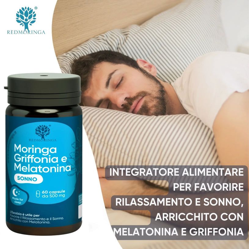 Flacone blu scuro con capsule. Scritta: Moringa Griffonia e Melatonina, 60 capsule. Marchio: RedMoringa.