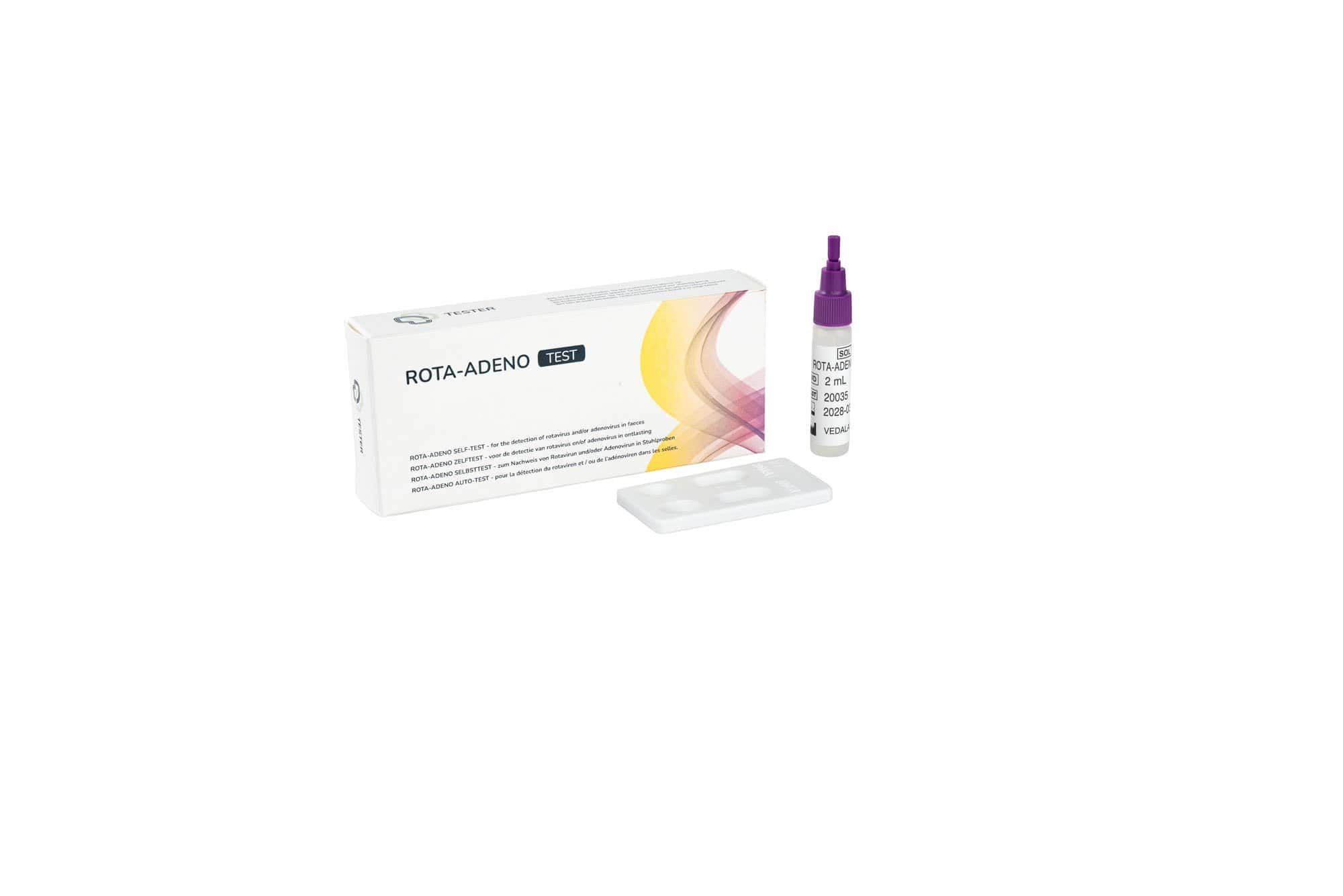 Test Rotavirus & Adenovirus: Kit di test con liquido reagente, cassetta di test e istruzioni.