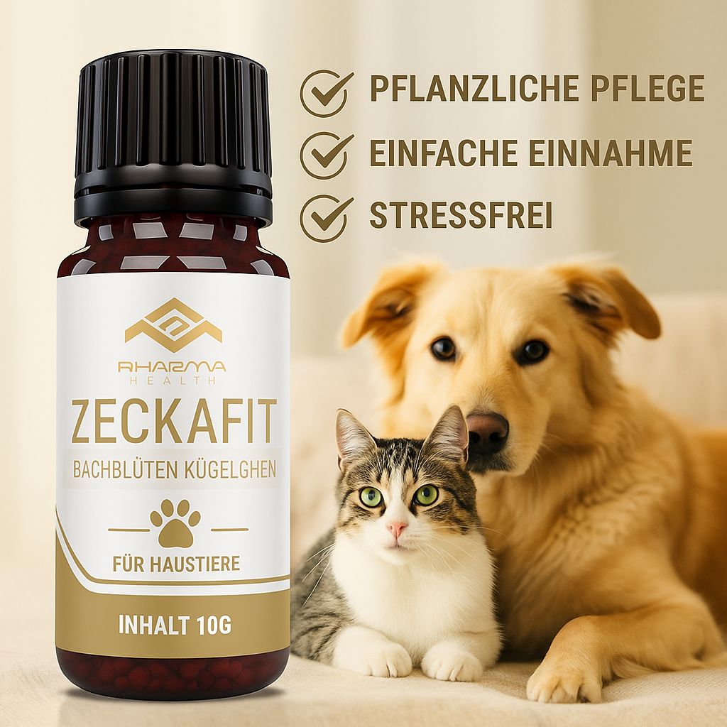 Flacone di vetro marrone con tappo nero. Etichetta con logo, nome prodotto Zeckafit, Bachblüten Kügelchen, Per animali domestici, Contenuto 10g. Cane e gatto sullo sfondo.