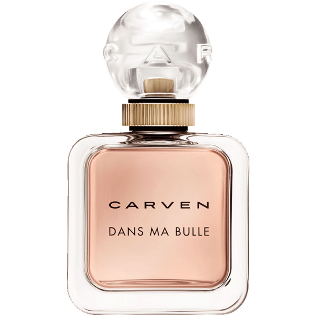 Flacone quadrato in vetro con liquido rosa. Tappo trasparente. Anello dorato. Scritta: CARVEN DANS MA BULLE.