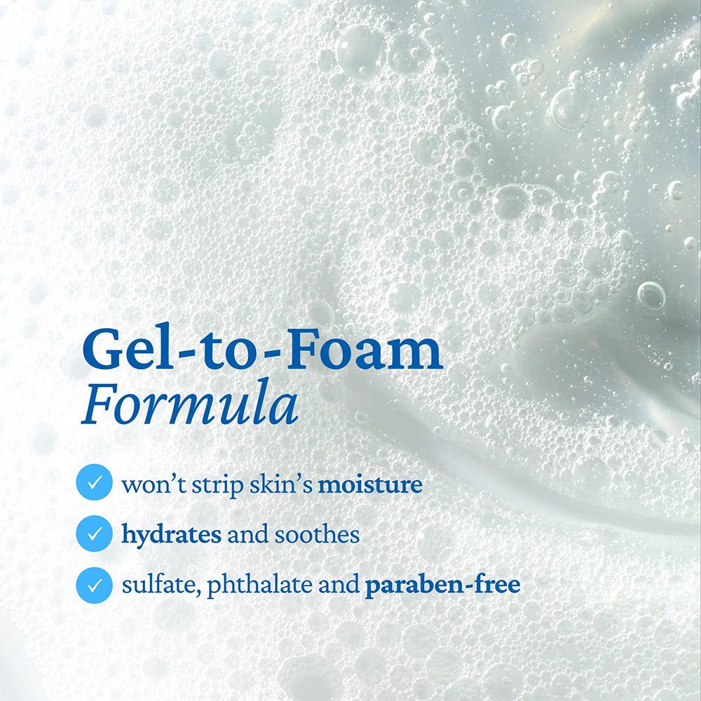 Testo su sfondo bianco: Formula Gel-to-Foam, idrata, senza solfati.