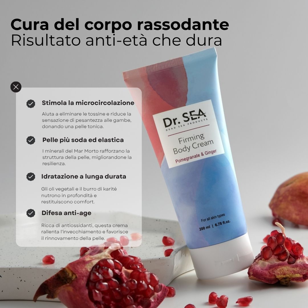 Tubo di crema corpo con testo e melograno. Testo: Dr. SEA, Firming Body Cream, Melograno & Zenzero. Vantaggi.