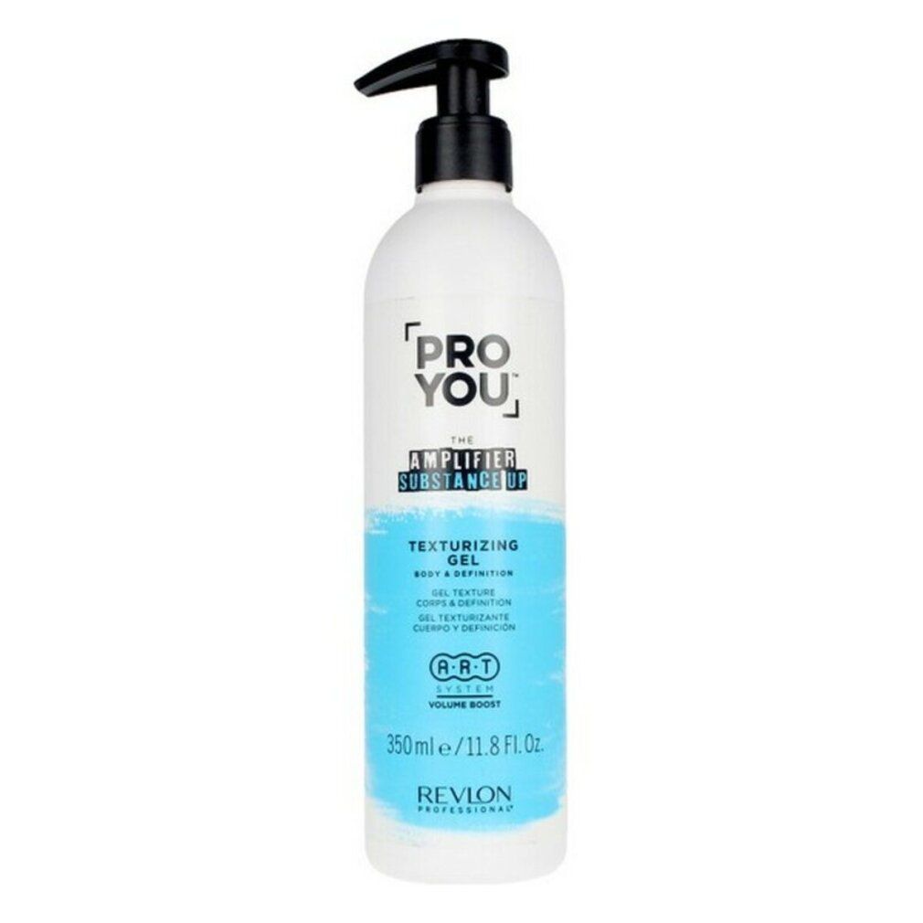 Flacone con erogatore nero. Scritta: PRO YOU, THE AMPLIFIER SUBSTANCE UP, TEXTURIZING GEL. Colori blu e bianco.
