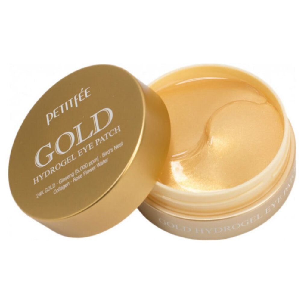 Petitfée Gold Hydrogel Eye Patch: Contenitore aperto con patch occhi dorati. Coperchio con nome del prodotto e ingredienti.