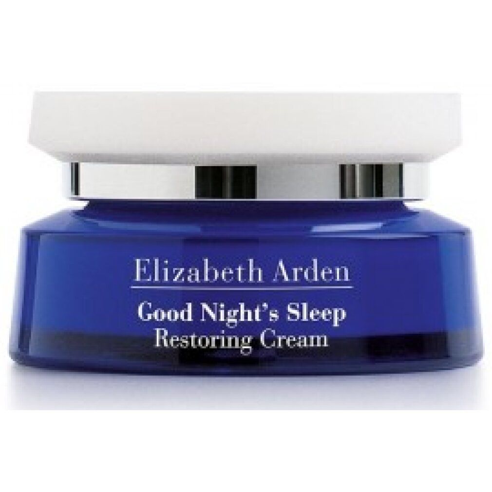 Vaso di crema blu con coperchio bianco. Scritta: Elizabeth Arden Good Night's Sleep Restoring Cream.