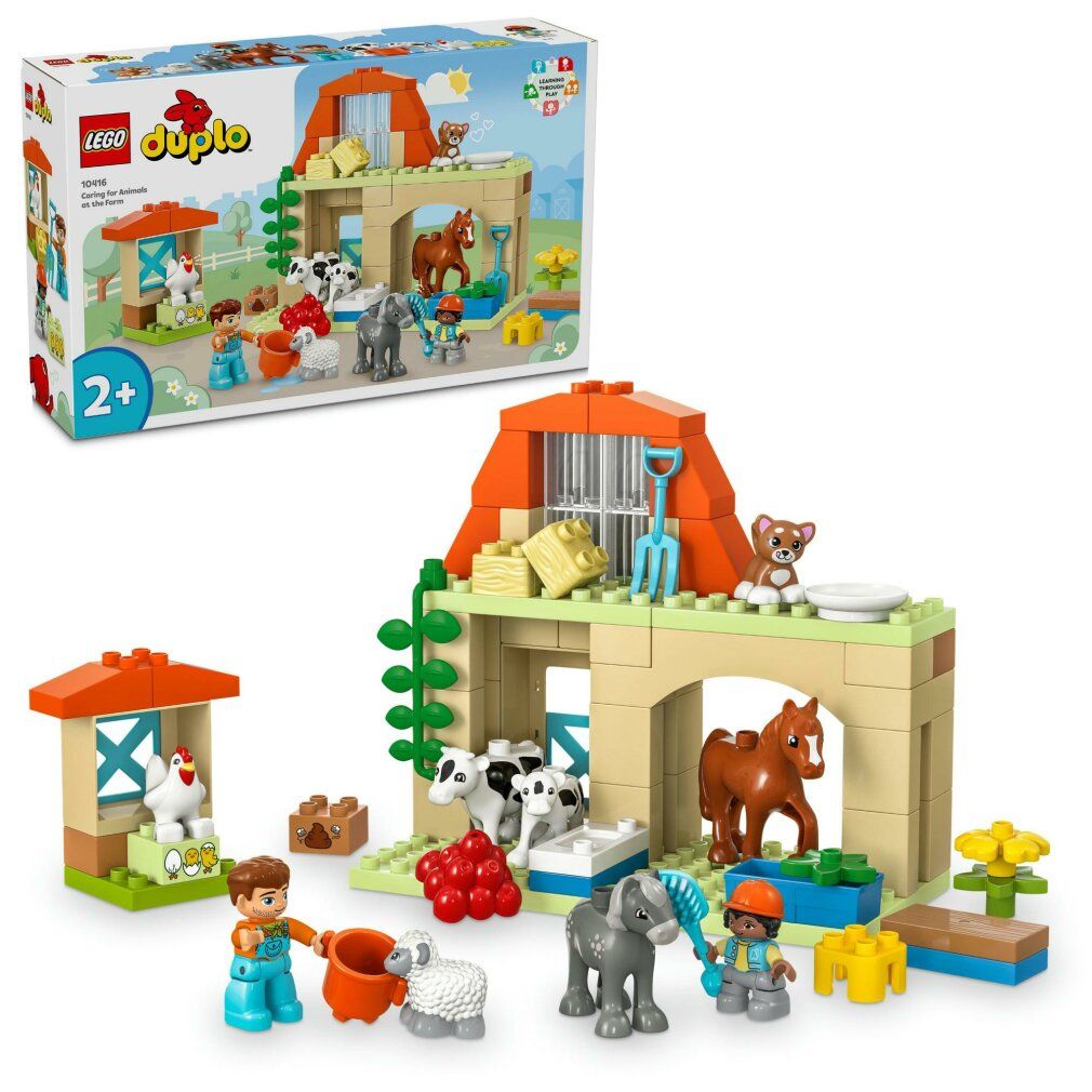 Set LEGO Duplo. Giocattolo fattoria con personaggi e animali. Confezione con nome del prodotto e età consigliata 2+. Edifici e animali.