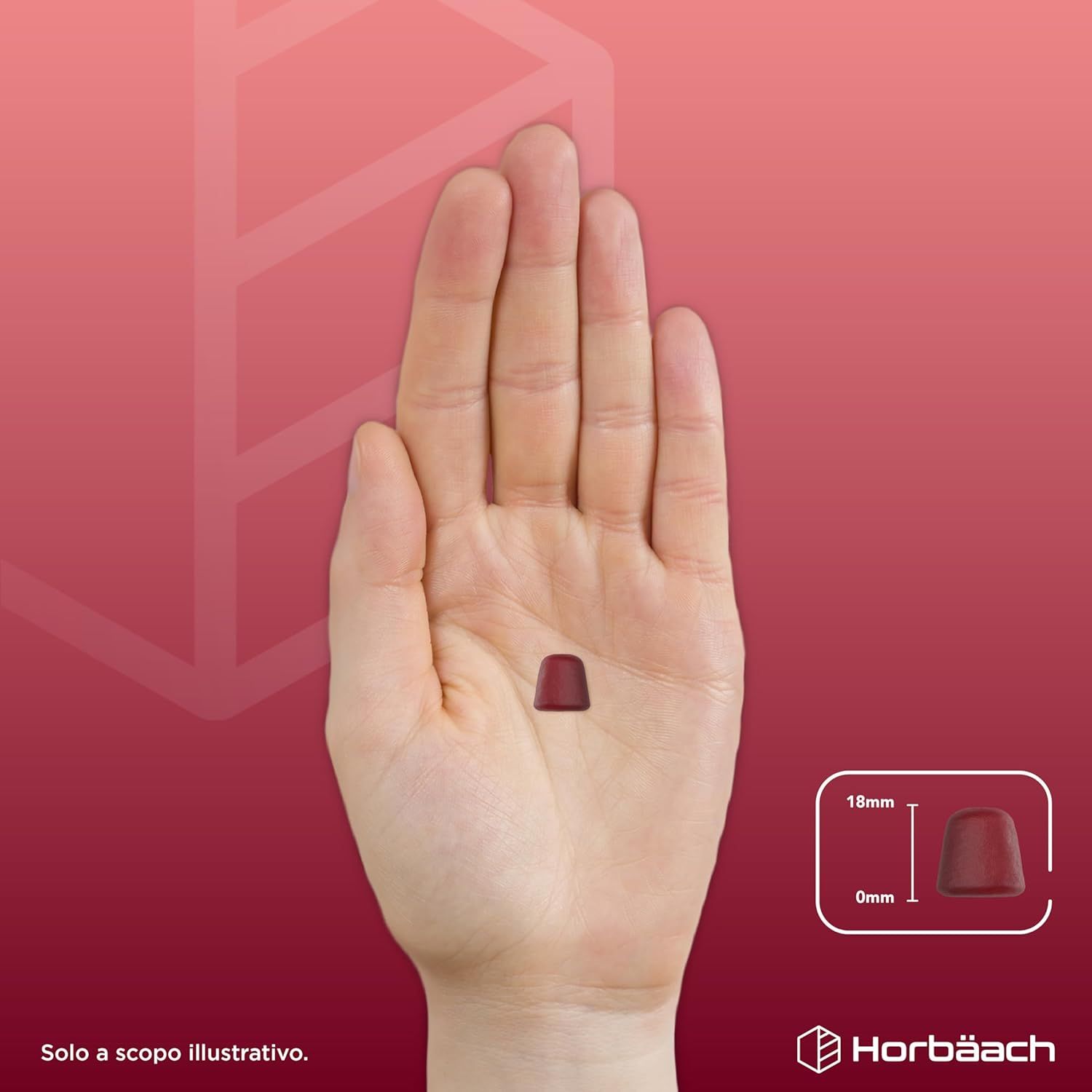 Mano con una caramella gommosa rossa. Dimensioni: 18mm x 9mm. Sfondo: rosso. Solo a scopo illustrativo.