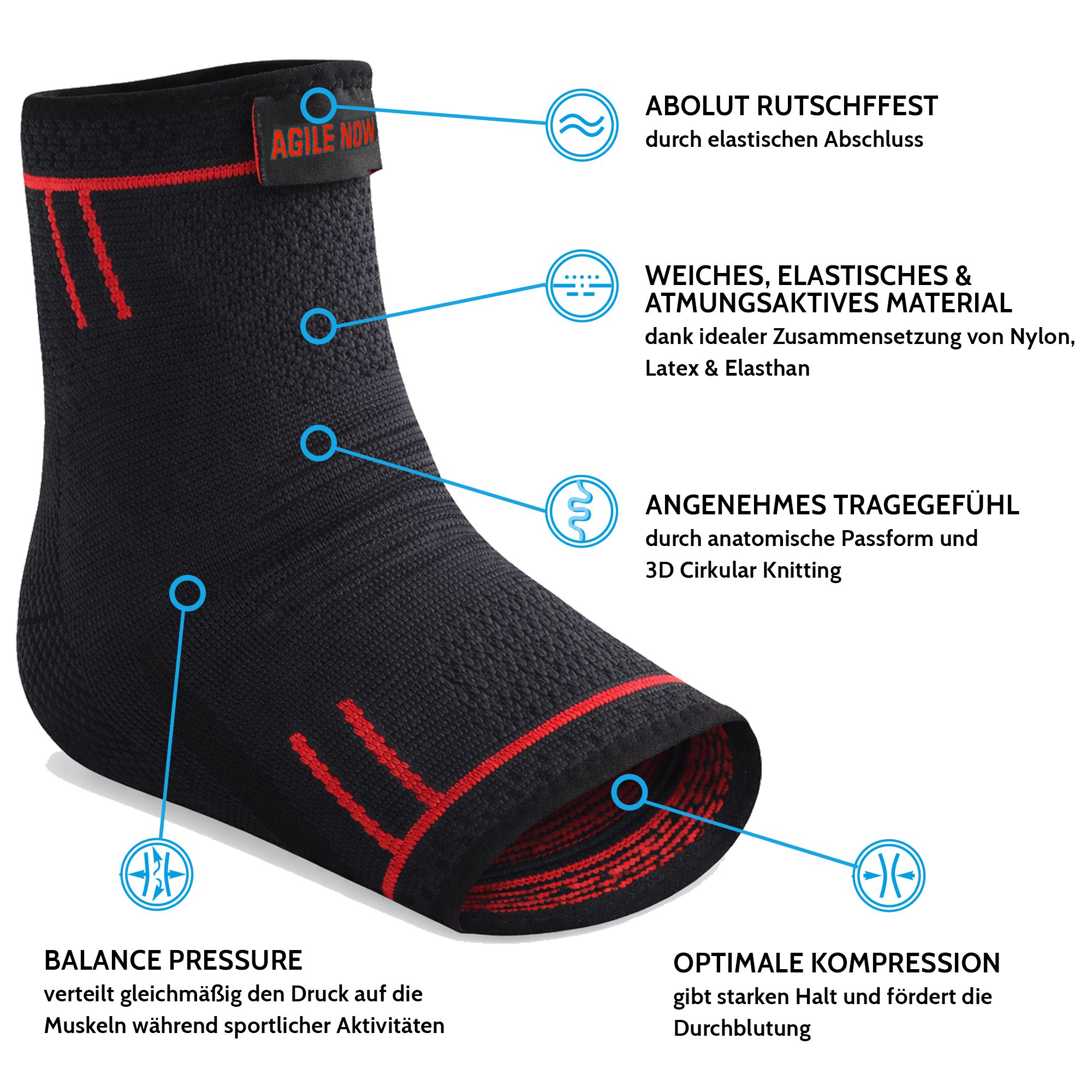 Cavigliera nera con dettagli rossi. Testo: AGILE NOW. Caratteristiche: antiscivolo, traspirante, confortevole, equilibrio, compressione.