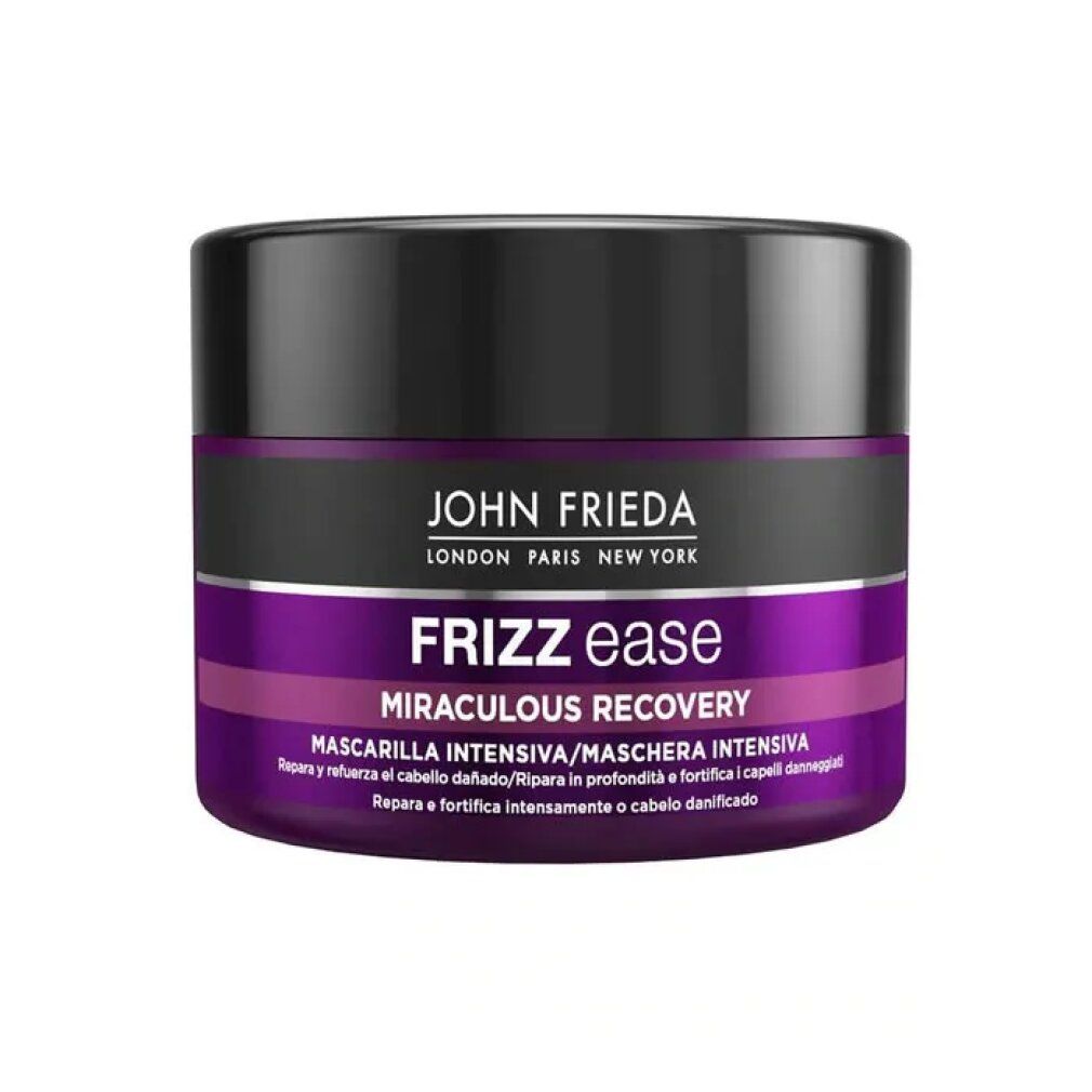 John Frieda Frizz Ease Miraculous Recovery Deep Conditioner. Vaso rotondo, coperchio nero, etichetta viola.