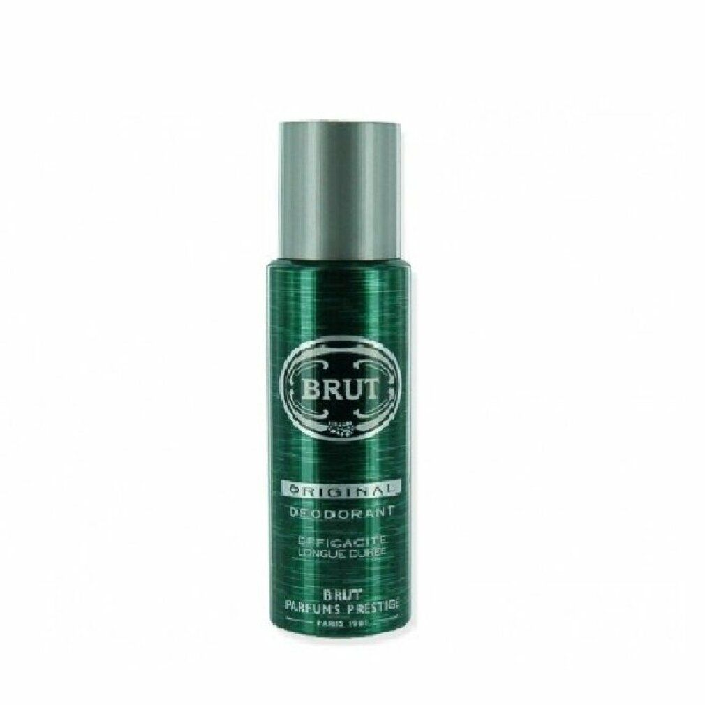 Spray deodorante verde con tappo argentato. Scritta: BRUT, Deodorante Original, Efficacia lunga durata.