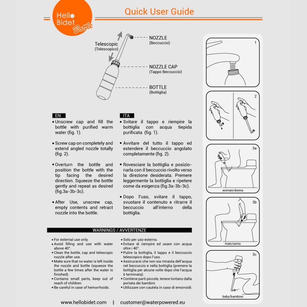 Istruzioni con immagini del prodotto e testo in inglese e italiano. Nome del prodotto: Hello Bidet.