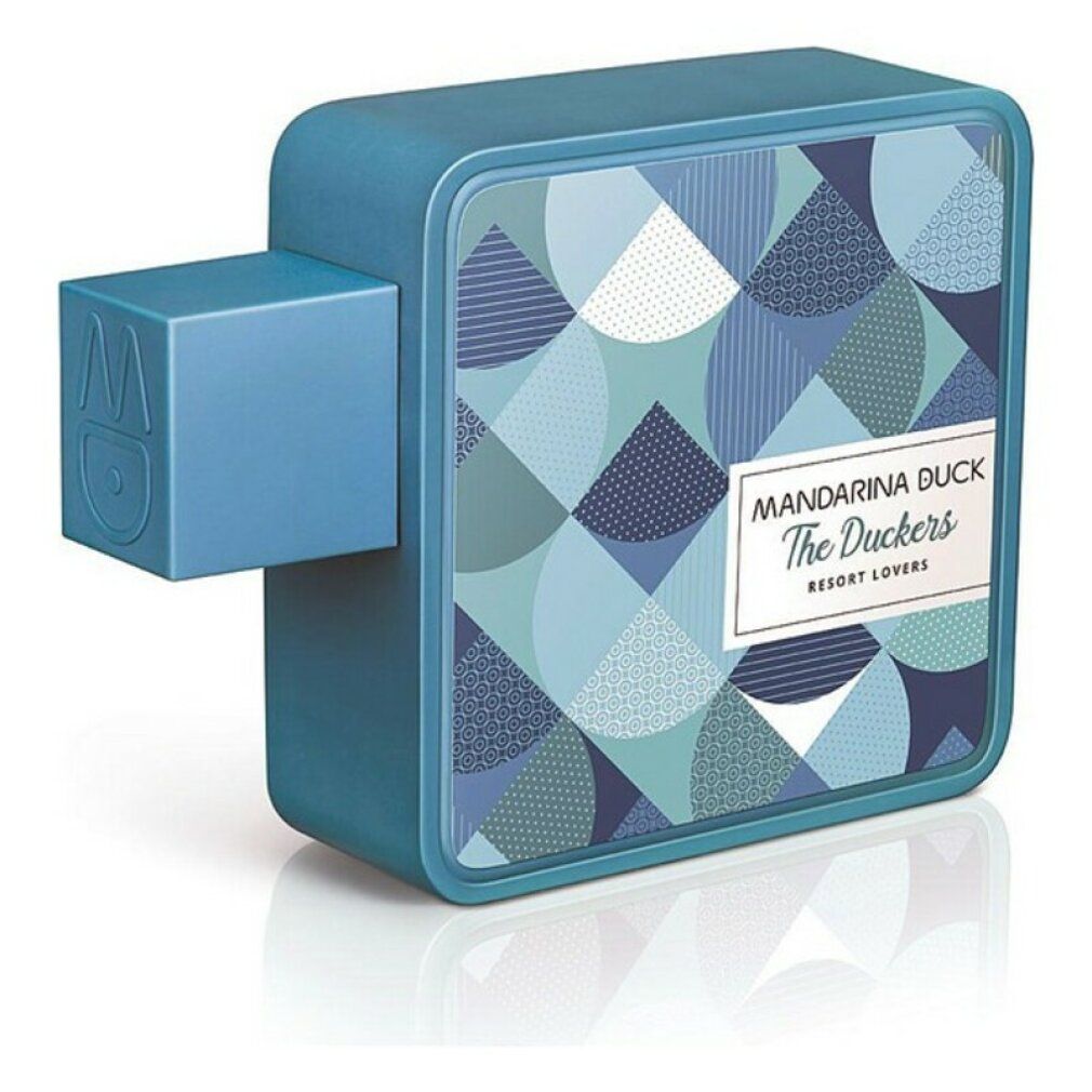 Confezione turchese con motivo geometrico. Scritta: Mandarina Duck, The Duckers, Resort Lovers.