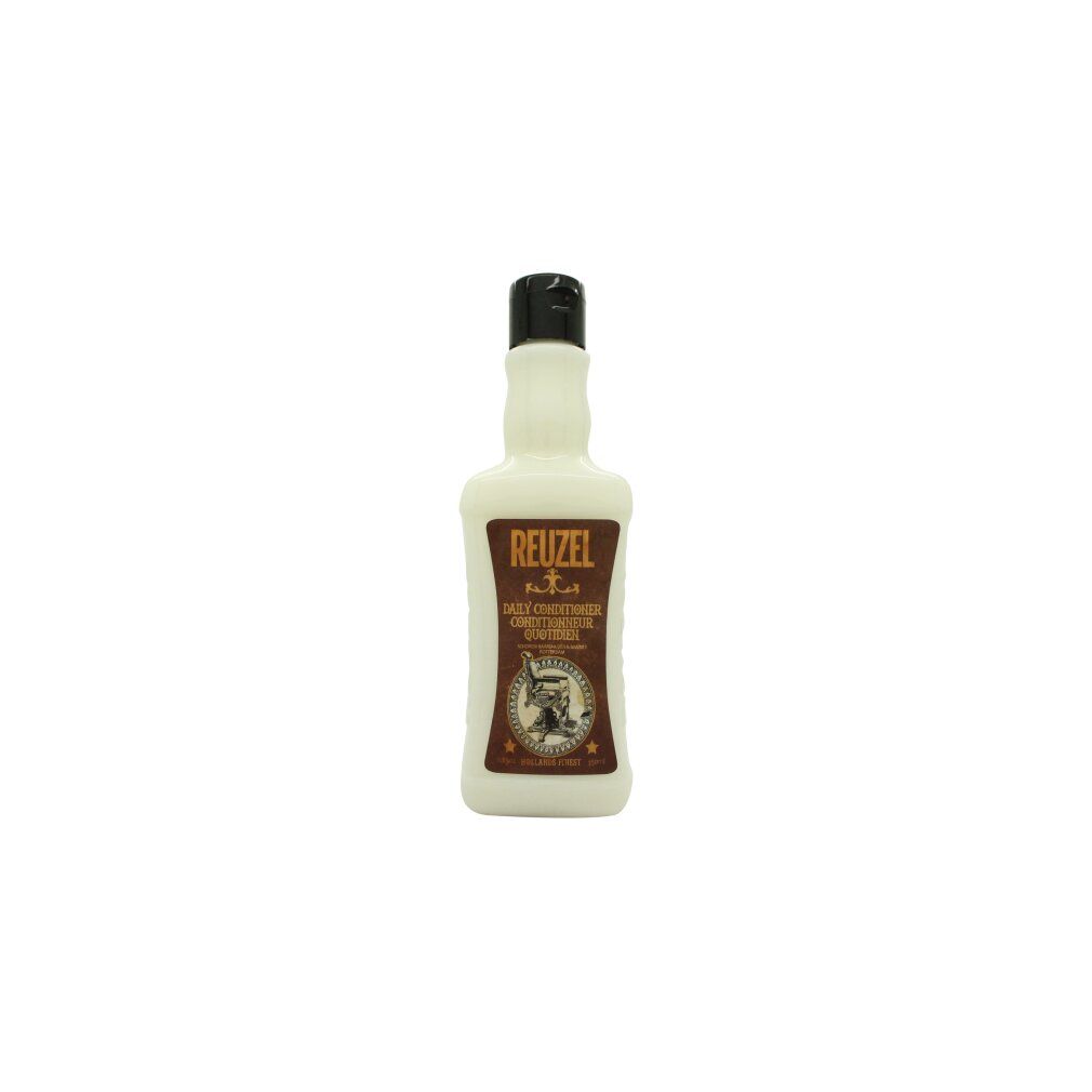 Flacone bianco con tappo nero. Etichetta con testo e logo. Nome del prodotto: Reuzel Daily Conditioner.