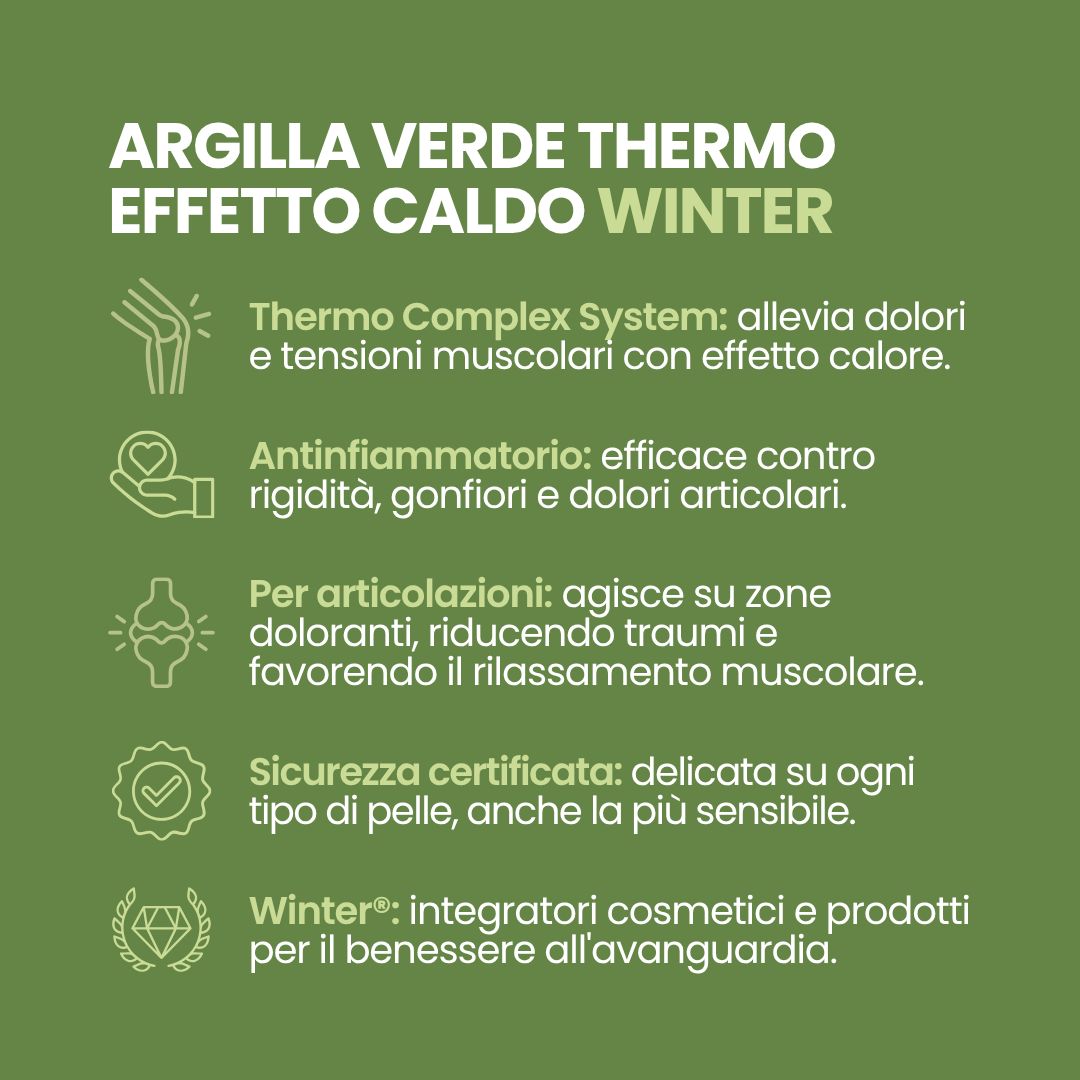 Winter Argilla Verde Thermo Effetto Caldo: rilassamento muscolare, antinfiammatorio, per articolazioni, sicurezza certificata.
