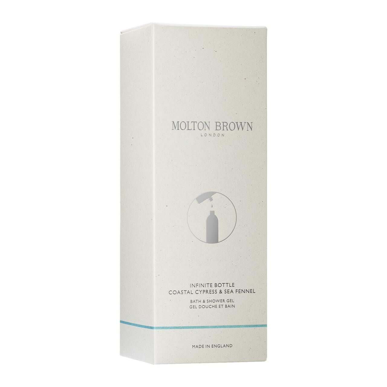 Scatola bianca con informazioni sul prodotto e logo. Marchio Molton Brown. Testo: Coastal Cypress & Sea Fennel.