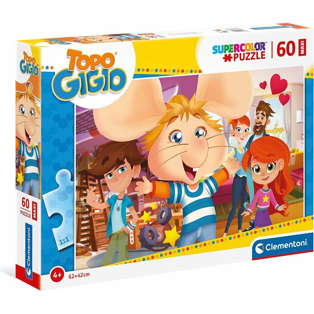 Scatola puzzle con Topo Gigio e famiglia. Scritta 'Topo Gigio', '60 Maxi Puzzle', marchio Clementoni.