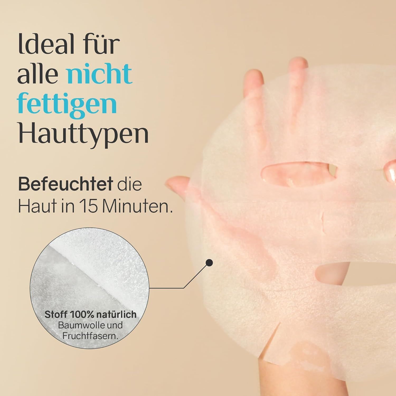 Mano che tiene una maschera per il viso. Testo: Ideale per tutti i tipi di pelle non grassa. Tessuto 100% naturale, cotone e fibra di frutta.