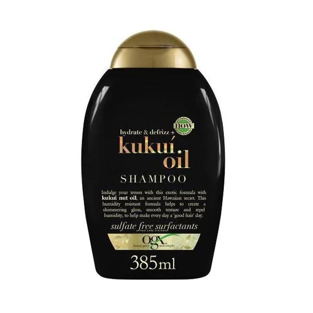 Flacone di shampoo nero con tappo dorato. Scritta: Kukui Oil Shampoo. Volume: 385ml.