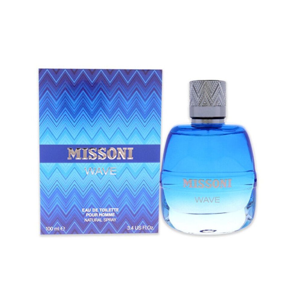 Profumo blu con tappo argentato e confezione. Scritta: MISSINI WAVE. Testo: Eau de Toilette, Pour Homme, Natural Spray. 100 ml.