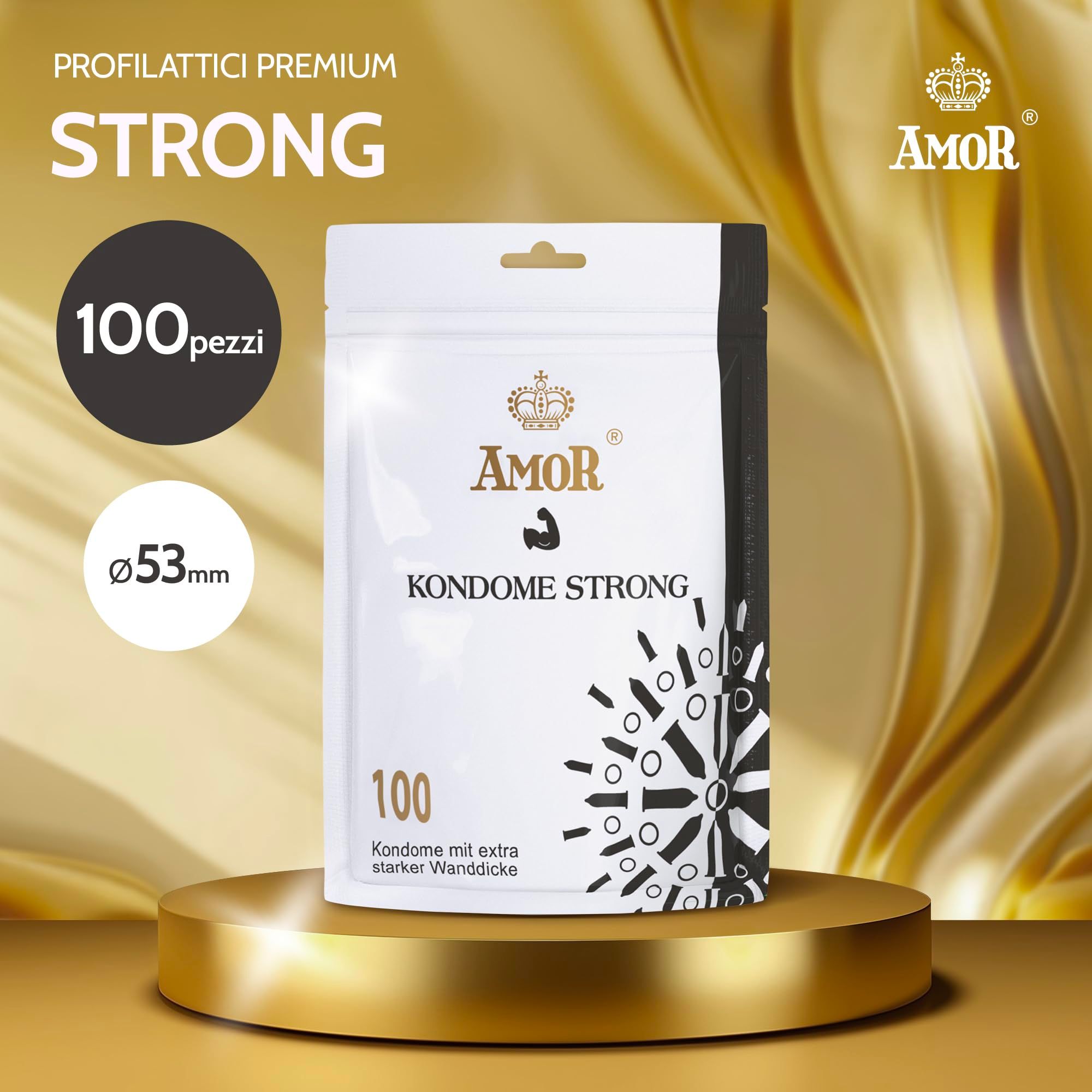 Confezione da 100 preservativi Amor Strong, diametro 53mm, extra forti.