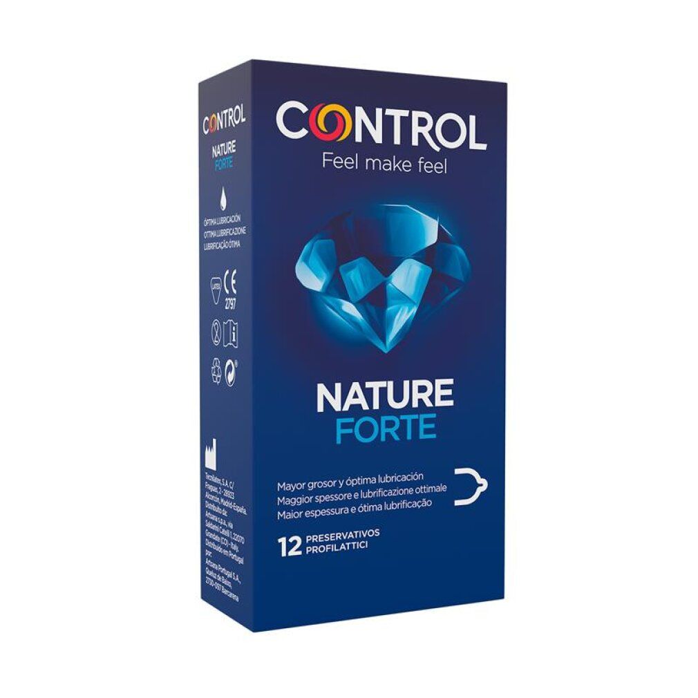 Confezione di preservativi Control Nature Forte, 12 pezzi, scatola blu con simbolo diamante.