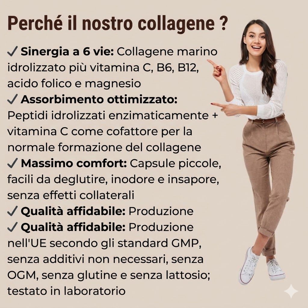 Una donna indica il testo. Testo: Sinergia 6x, assorbimento ottimizzato, massimo comfort, qualità affidabile. Senza OGM, senza glutine.