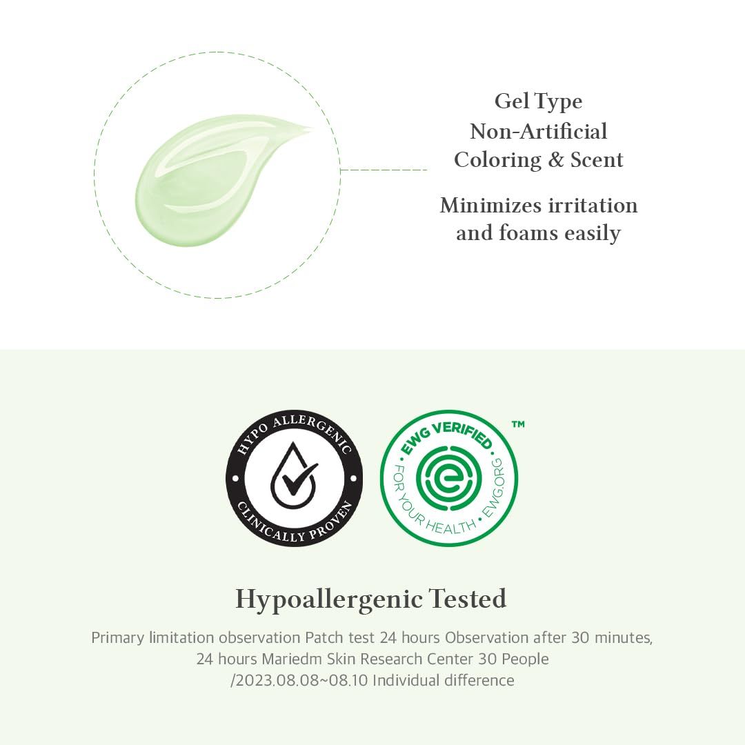 Esempio di gel verde. Testato ipoallergenico. Certificazione EWG. Testo: Colore e profumo non artificiali, minimizza l'irritazione.