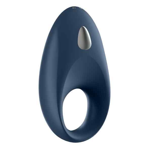 Anello blu, forma ovale, apertura centrale. Pulsante argentato in alto.