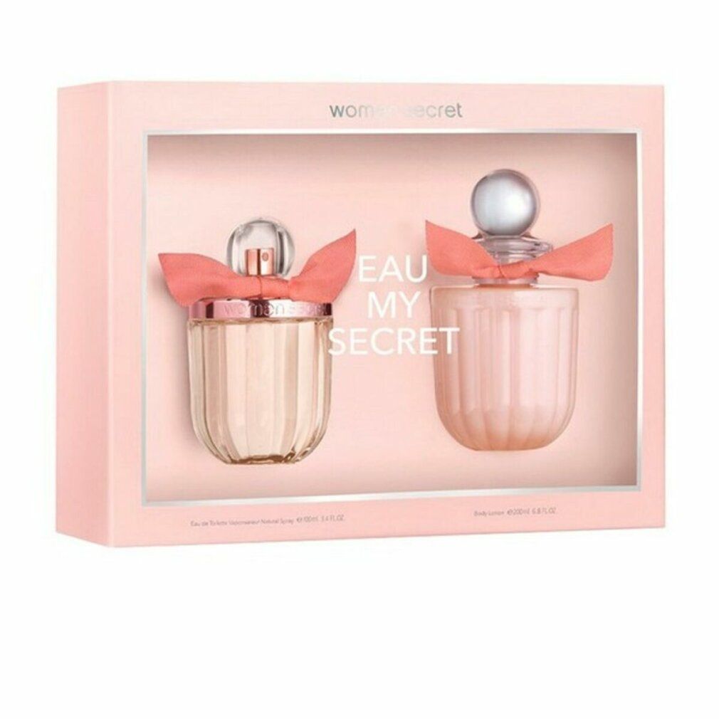 Confezione rosa con due flaconi. Scritta "Eau My Secret". Flaconi con fiocchi rosa e tappi.
