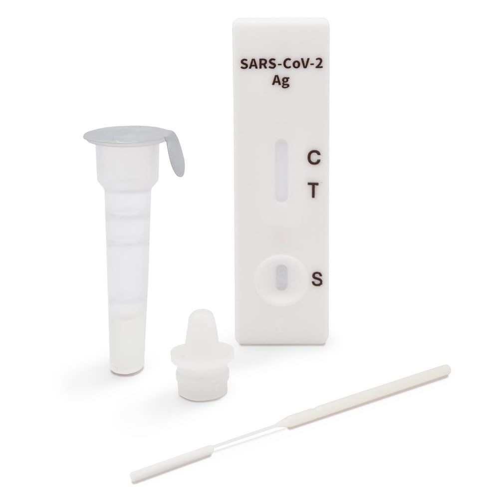 Componenti del kit di test: striscia reattiva, provetta con liquido, contagocce, tampone.