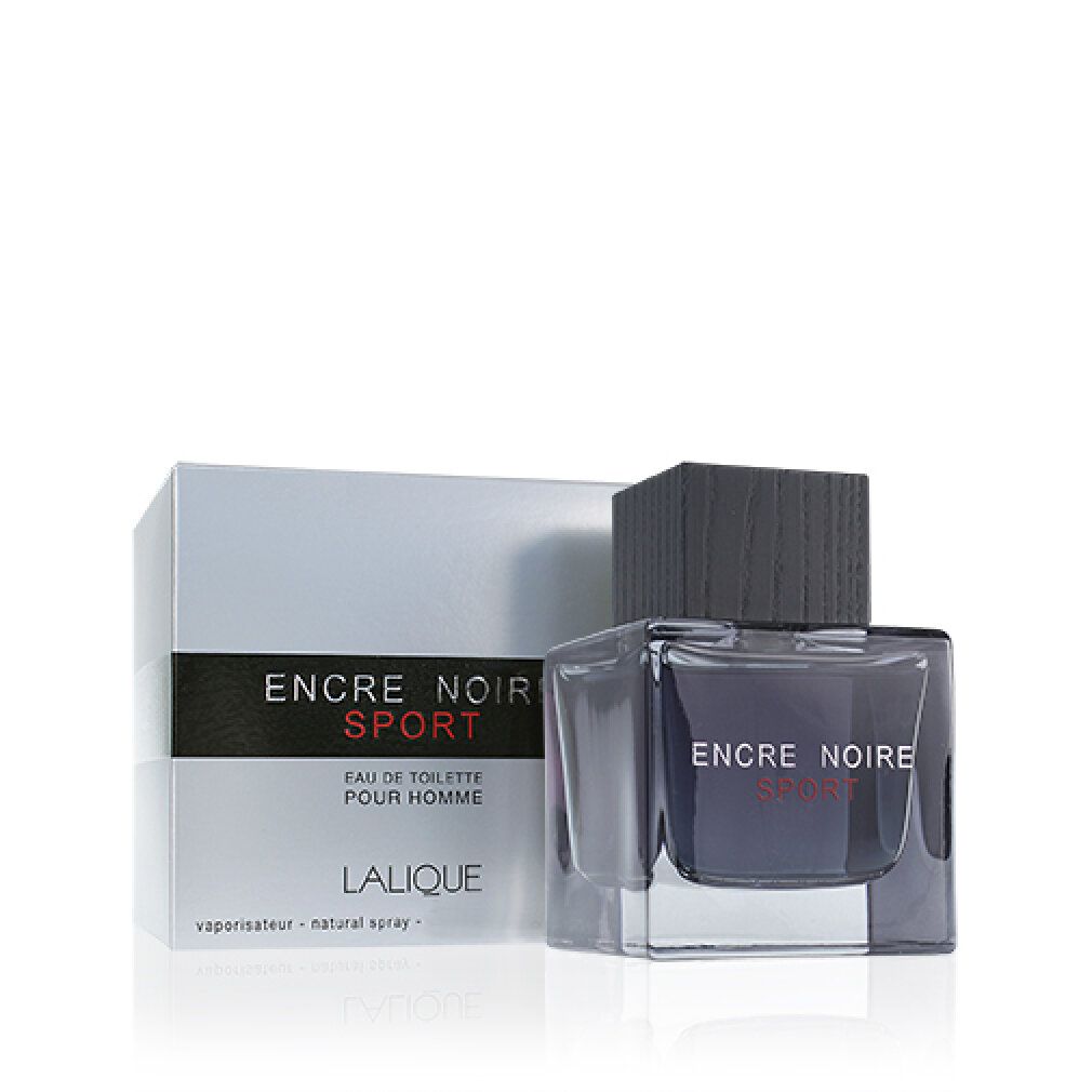 Flacone e confezione Encre Noire Sport. Flacone quadrato con liquido scuro. Tappo nero. Confezione bianca con testo nero e rosso.