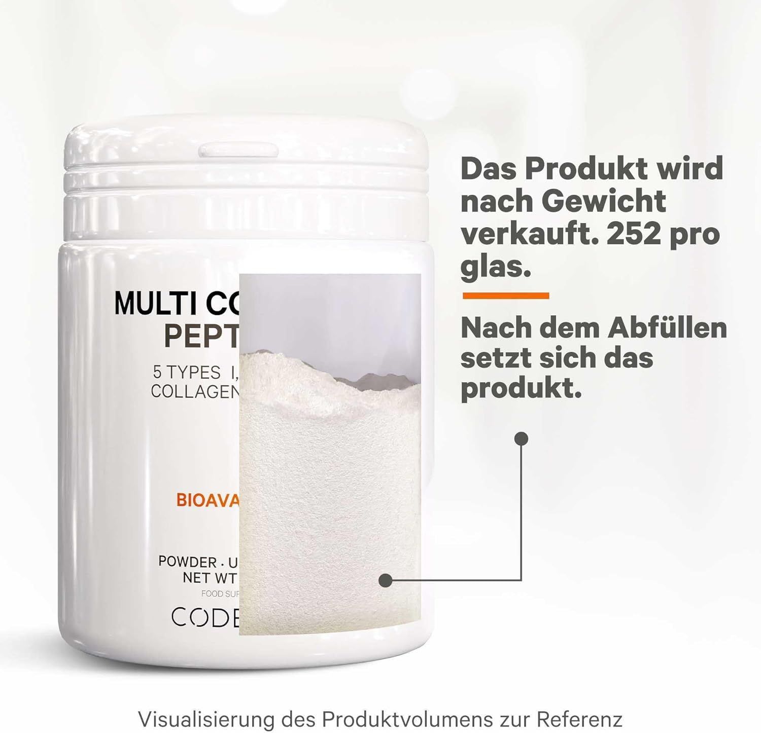 Contenitore di polvere bianca 'Multi Collagen Peptides'. Contiene 5 tipi di collagene. Marchio: Codeage. Volume prodotto.