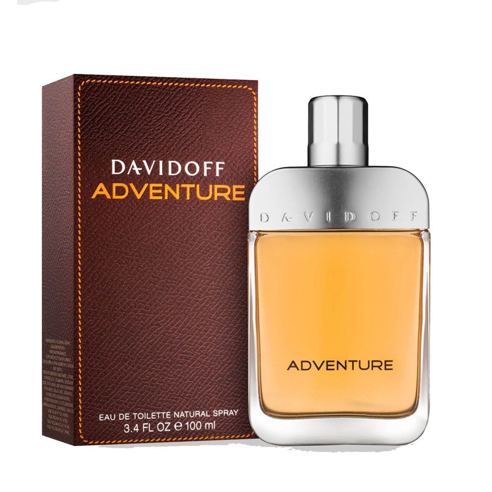 Flacone Davidoff Adventure e confezione. Confezione marrone con testo. Flacone con tappo argentato.