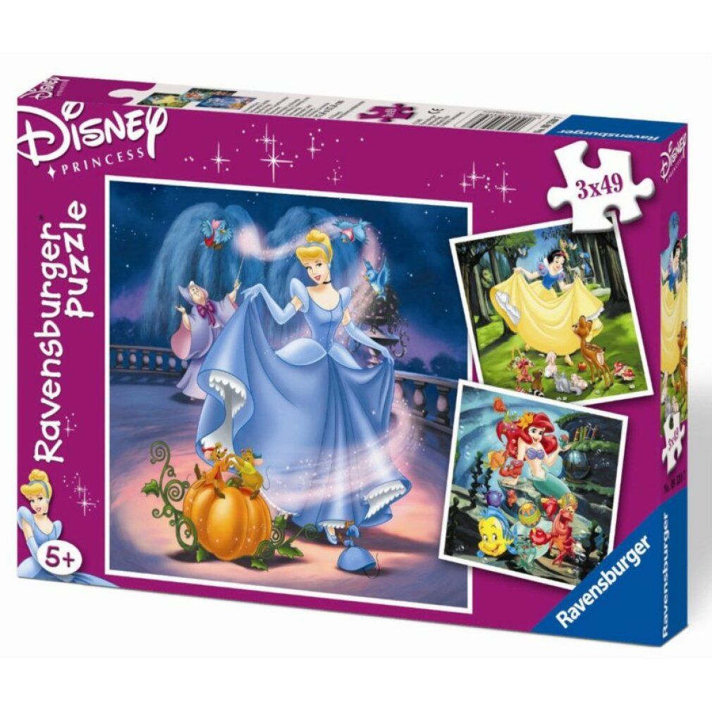 Scatola puzzle Disney Principesse. Contiene tre puzzle con Cenerentola, Biancaneve e Ariel. Puzzle Ravensburger, 3x49 pezzi.