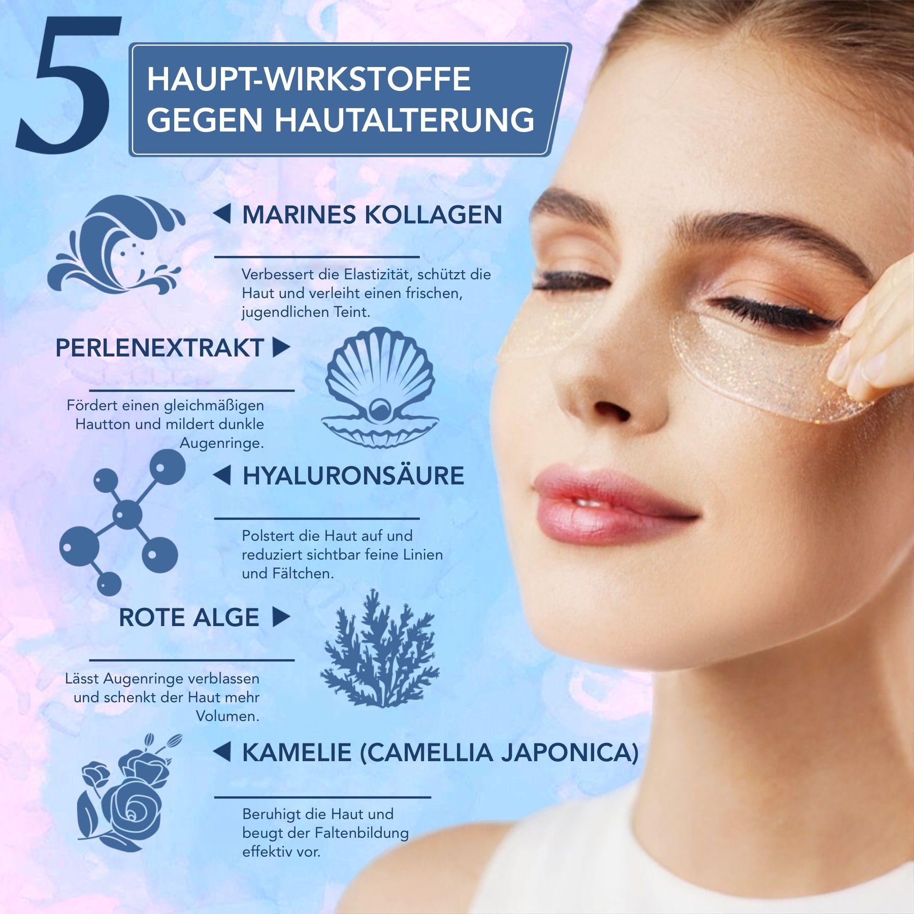 Una donna con patch per gli occhi. Diagramma con ingredienti: collagene marino, estratto di perla, acido ialuronico, alga rossa, camelia.