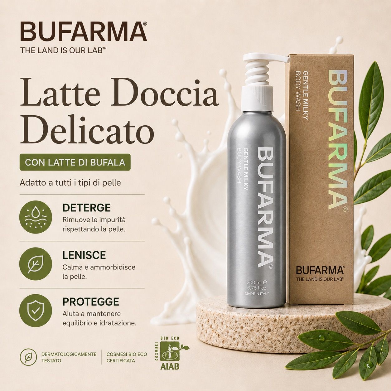 Flacone e confezione del prodotto. Scritta BUFARMA. Testo: Latte Doccia Delicato. Certificazioni.