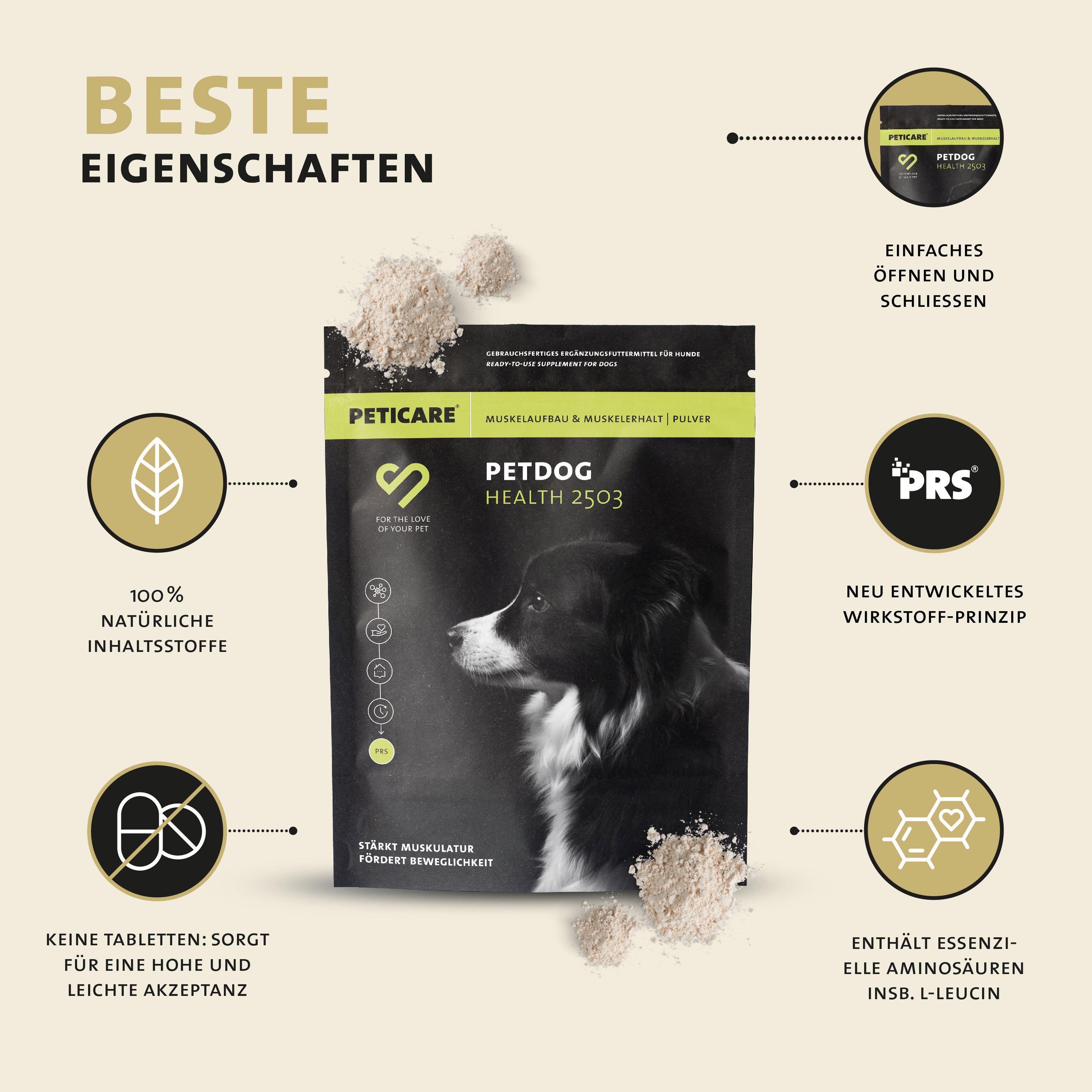 Peticare PETDOG HEALTH 2503 Miscela in polvere. Ingredienti naturali al 100%. Niente compresse. Contiene aminoacidi essenziali.