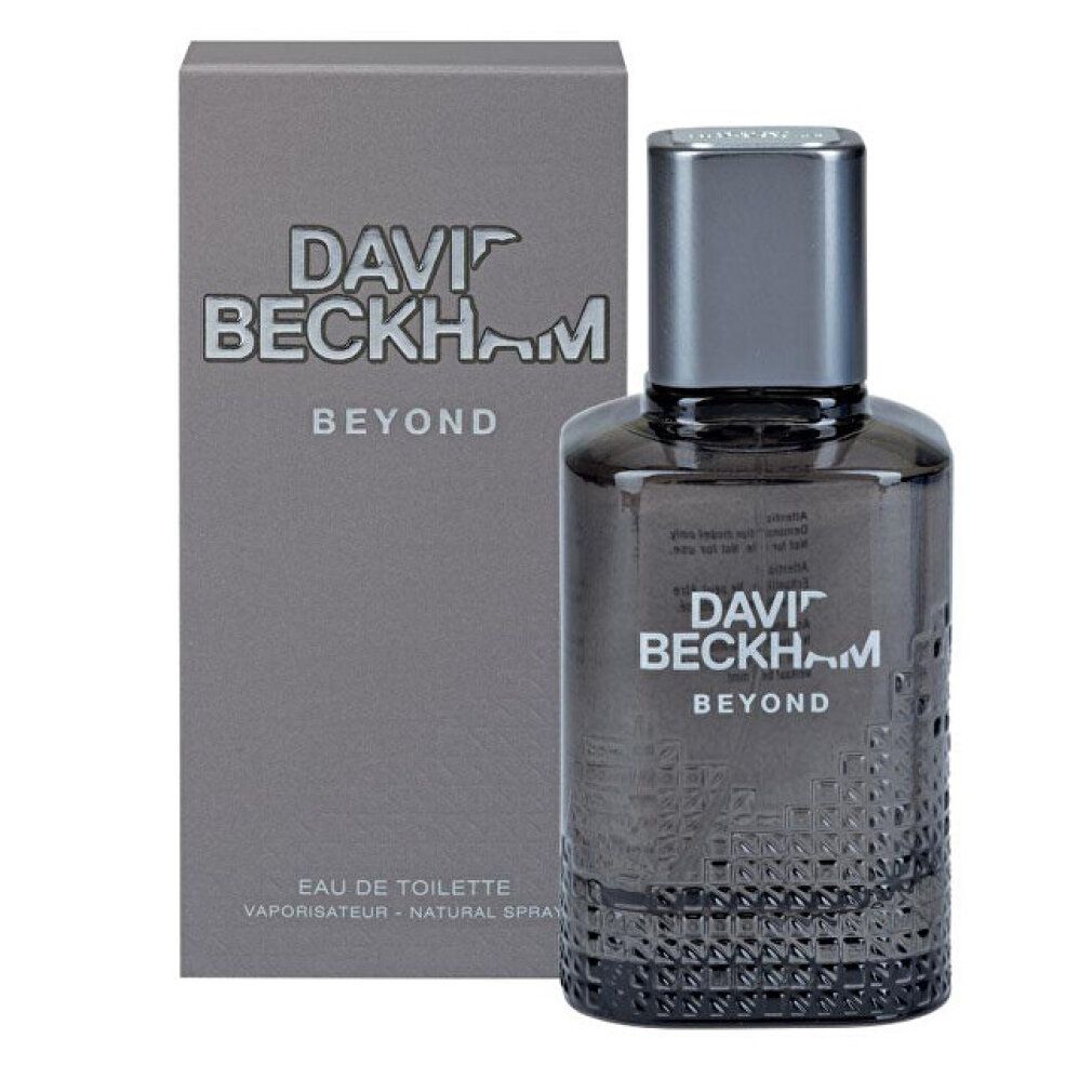 Scatola e flacone grigi. Scritta: DAVID BECKHAM BEYOND. Flacone con tappo quadrato.