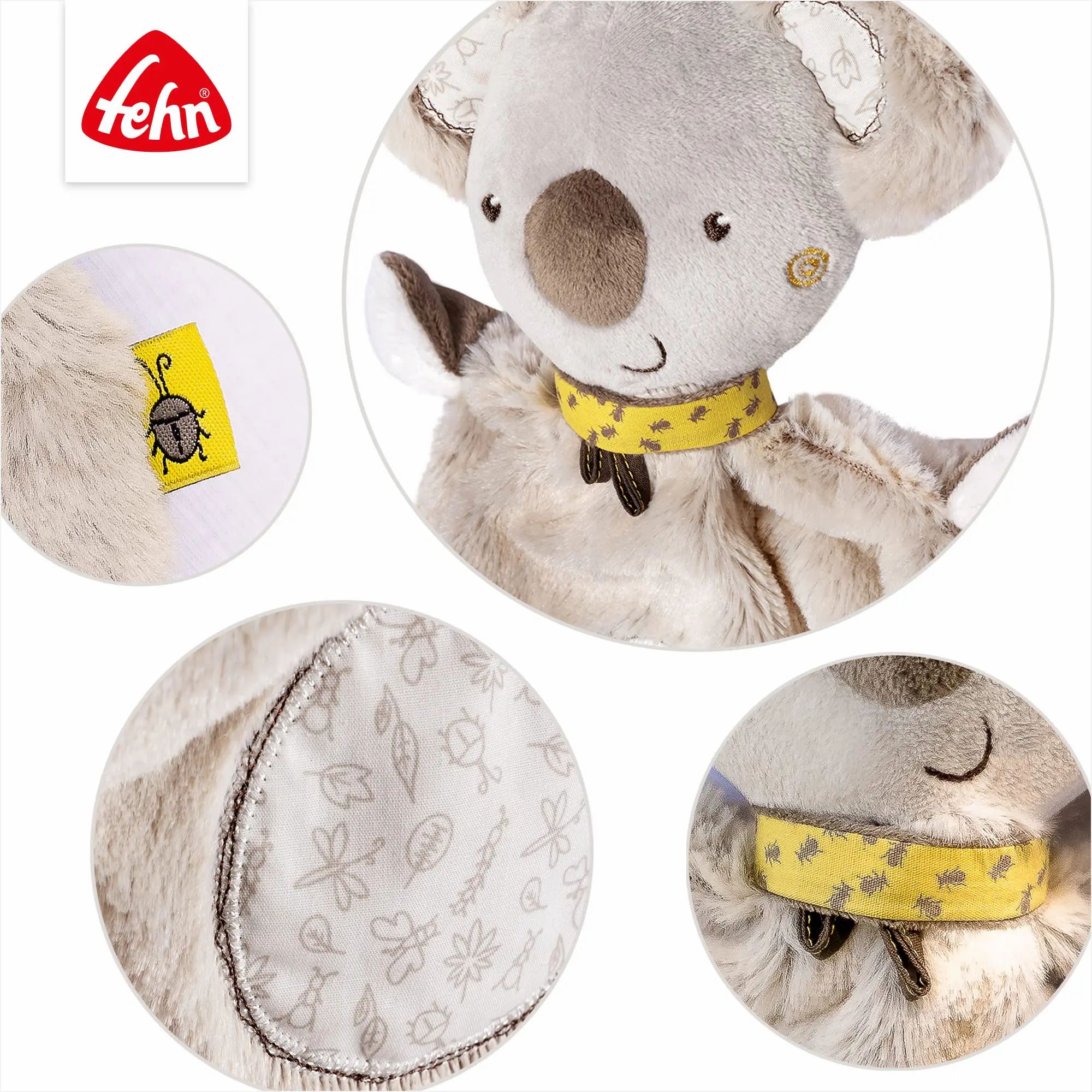 Primi piani della peluche Koala. Sciarpa gialla, etichetta con insetto, motivo tessuto con insetti.