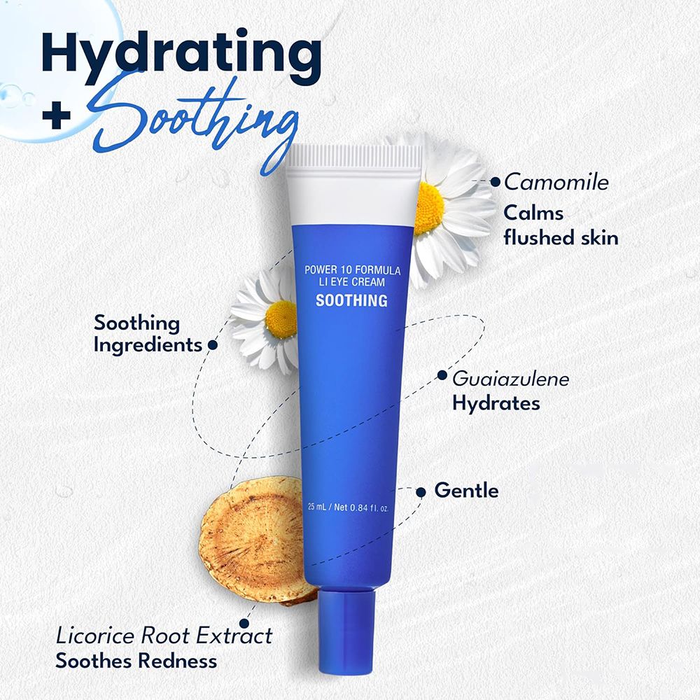 Tubo blu con testo. Camomilla, azulene, estratto di radice di liquirizia. Scritta: POWER 10 FORMULA LI EYE CREAM SOOTHING.