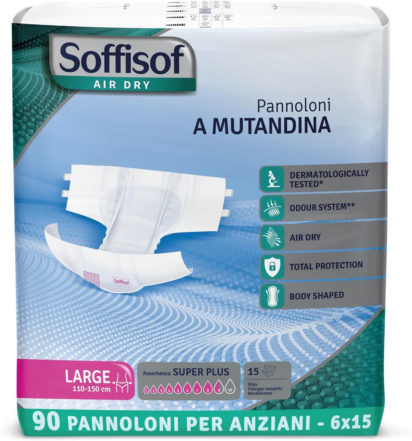 Confezione di pannoloni Soffisof Air Dry Super Plus per adulti. Taglia Large, 90 pezzi, 6x15. Dermatologicamente testato.