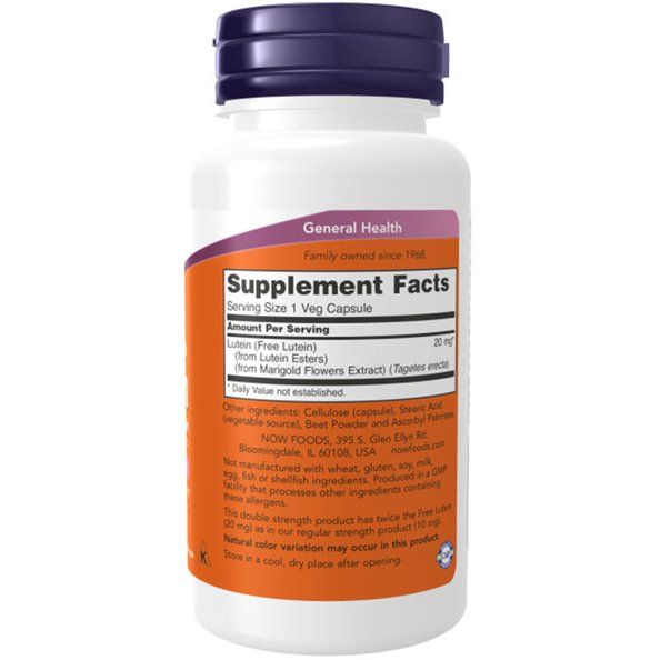 Flacone bianco con tappo viola. Etichetta arancione con testo: "Supplement Facts", "Luteina", "20 mg". Marchio: NOW FOODS.